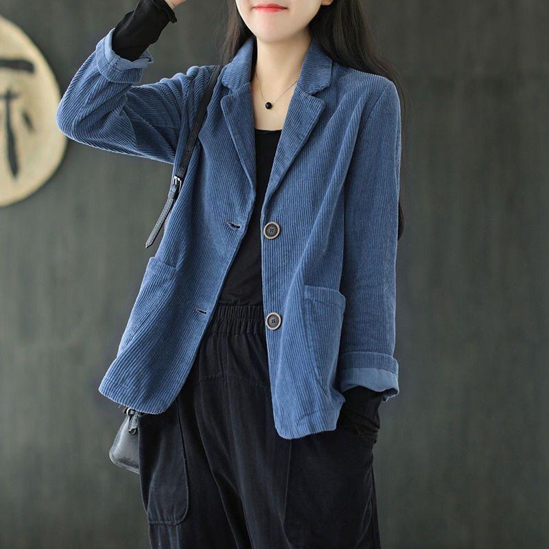 Harajuku Corduroy Jackets Korean Cute Solid Color Long Sleeve Lapel Neck Breasted Casual Double Pocket Cardigan Coat