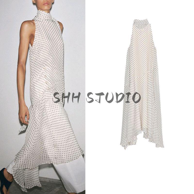 Spring and Summer New Women Clothes Bowknot Decoration Asymmetric Hem Polka Dot Hanging Collar Dress 5289042