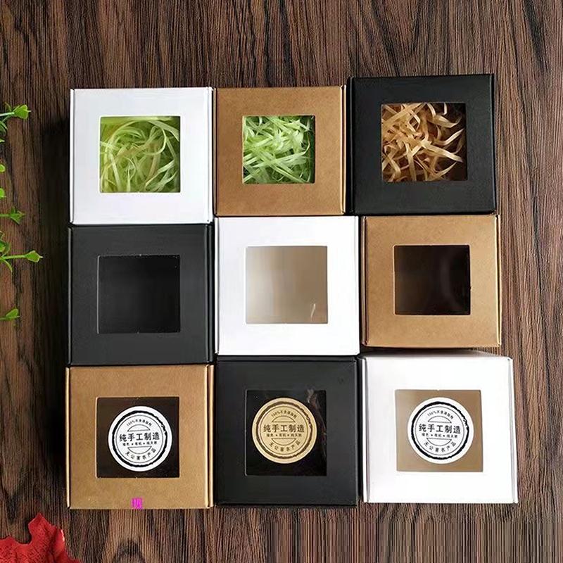 10 Pcs Square White/Kraft/Black Window Packaging Boxes, Various Sizes, Wedding Party Gifts, Handmade Soap Chocolate Flat Boxes