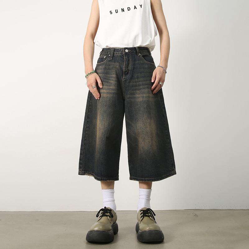 Women Y2k Style Baggy Denim Shorts Wide Leg Short Pants Fashion High Waisted Dark Wash Knee Length Loose Unisex Jeans Casual