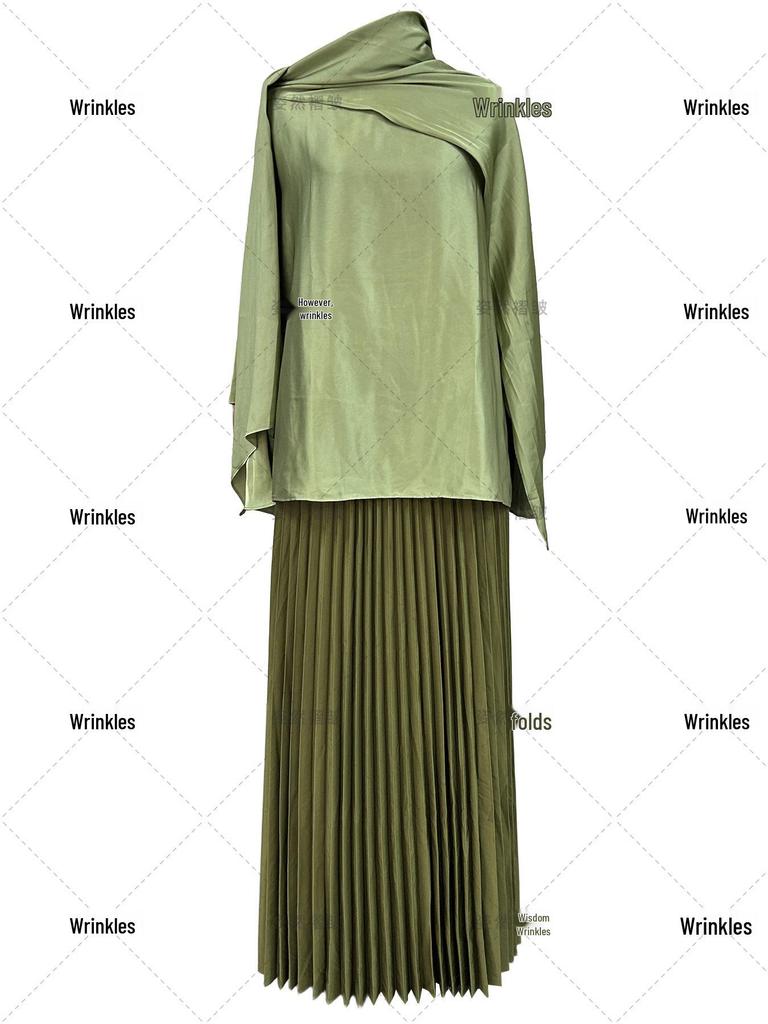 Plus Size Women's Two-Piece Pleated Satin Skirt and Top Set