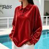 Damen Pullover Hemd Damen Samt Hemd, 3-Knopf Kragen Casual Bluse, Einfarbige Tägliche Kleidung Locker Langarm Oberteil für die Arbeit Atmungsaktive Bluse