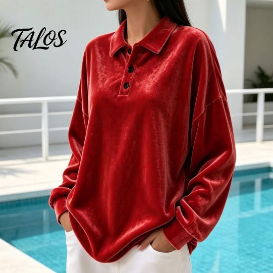 Damen Pullover Hemd Damen Samt Hemd, 3-Knopf Kragen Casual Bluse, Einfarbige Tägliche Kleidung Locker Langarm Oberteil für die Arbeit Atmungsaktive Bluse