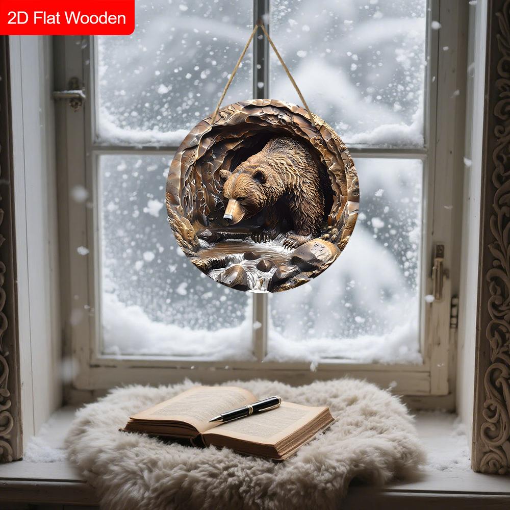 Rustic Wooden Sign with Bear Pattern - Charming Round Sign for Front Door, Wall Hanging Decor - Ideal Gift for Friend