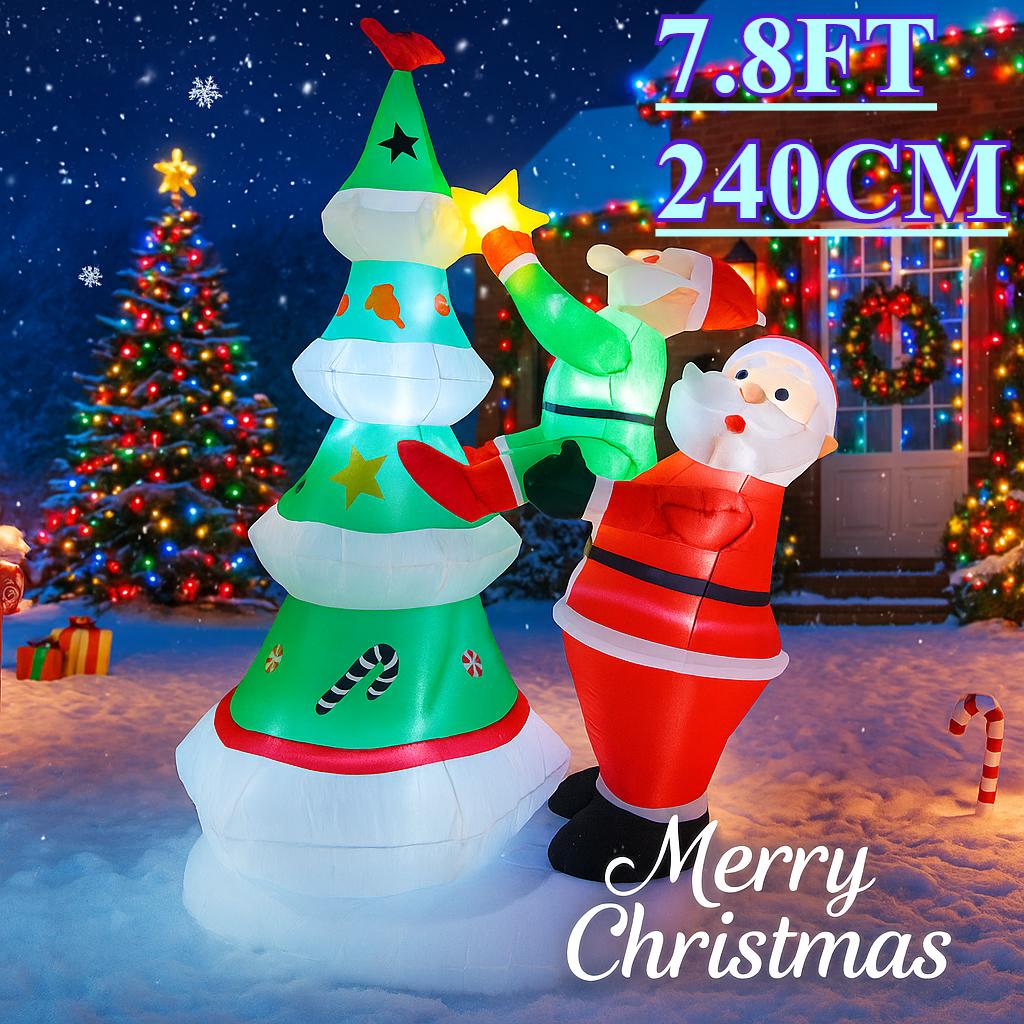 7.8FT Xmas Holiday Inflatable Yard Decor Santa Elf Decorating Tree LED Lit Christmas Decoration Toy Supplies Home Ornaments Gift
