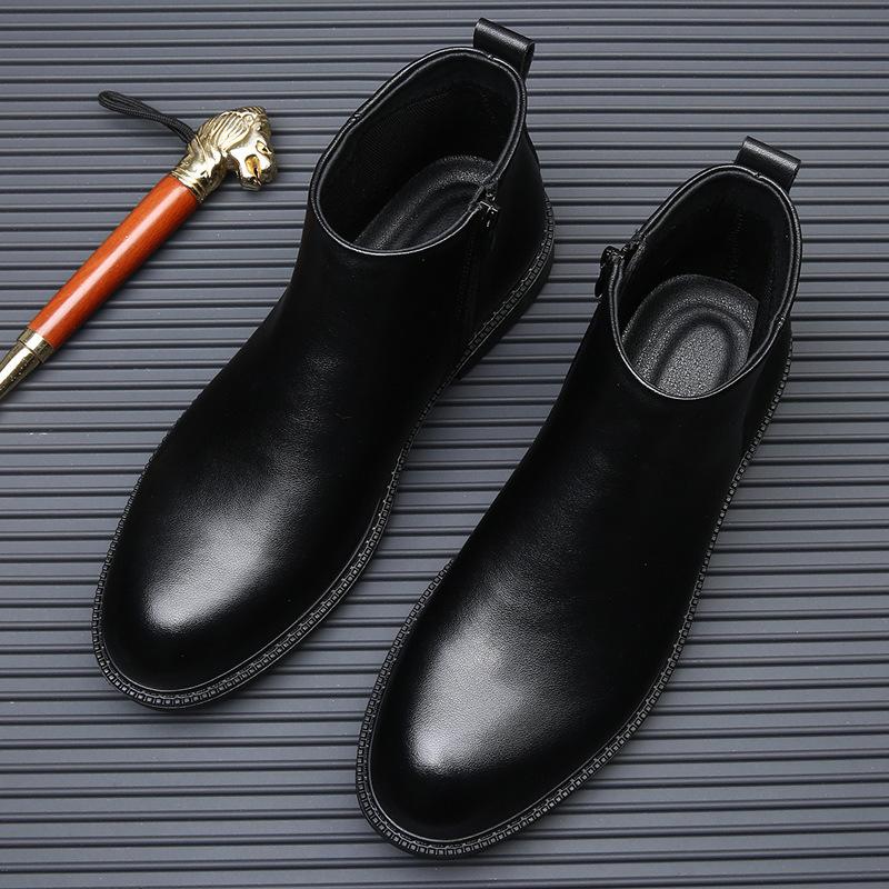 Chelsea boots men's autumn and winter leather velvet short boots British style high-top trendy versatile warm leather boots