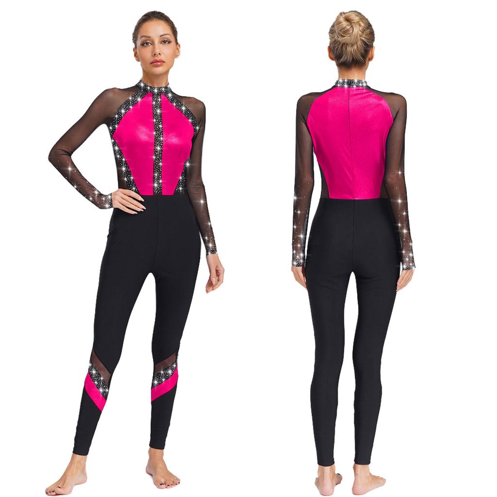 Sparkling Rhinestone Dance Leotard for Women, Full Body Long Sleeve Jumpsuit with Sheer Mesh Patchwork & Color Block Design