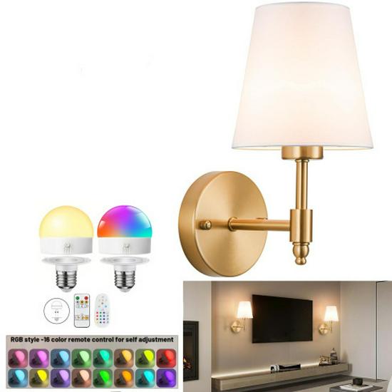 American-Style Wireless RGB Wall Lamp with Remote Control and Fabric Shade for Bedside, Living Room, or Stairwell