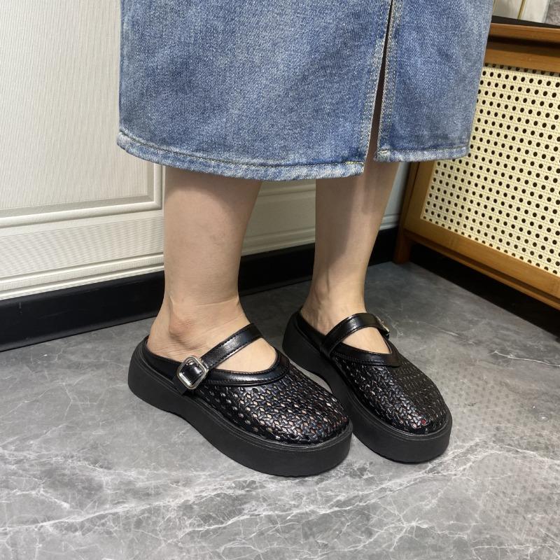 Going Out High-end Thick-soled Woven Hollow and Breathable Bag Head Half Slippers Women's New Summer One-pedal Sandals