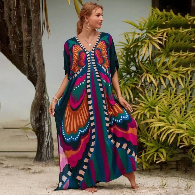 Colorful Printed Boho Beach Kaftan Dress Women Plus Size Maxi Summer Cover Up Rayon Bathing Suit