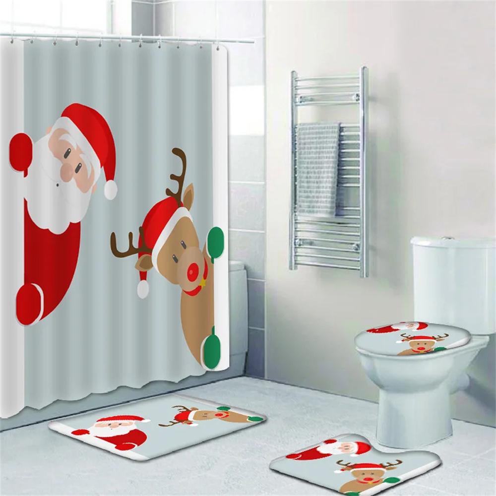Merry Christmas Cartoon Shower Curtains Washable Fabric Polyester For Bathtub Art Bathroom Decor Partition With Hooks Waterproof