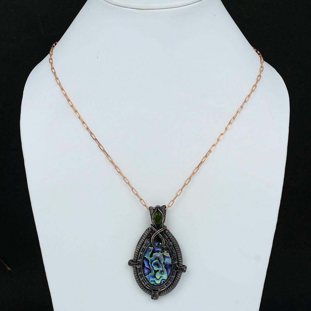 Abalone Shell Pendant Copper Wire Wrapped Pendant Gemstone Designer Jewelry Handmade Pendant Gift For Mother Peridot Pendant Copper Jewelry