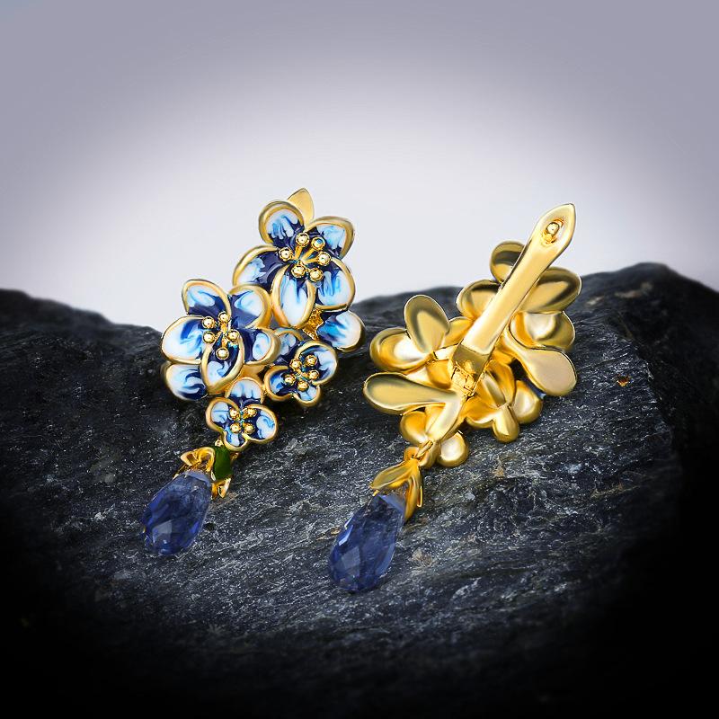 Water Drop Gem Flower Pastoral Sapphire Enamel Wedding Earrings Earrings