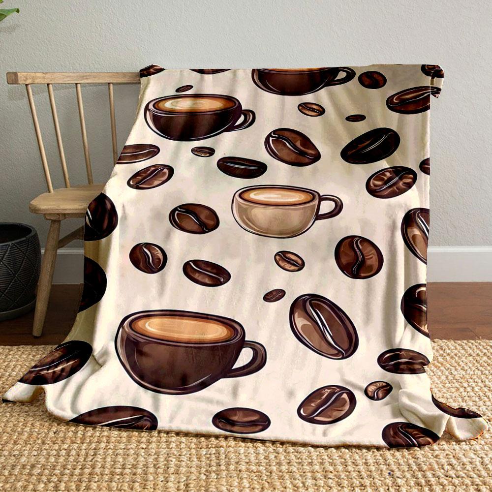 Coffee Cups and Beans Pattern Patterned blanket, flannel, suitable for all seasons, home decor, warm and cozy