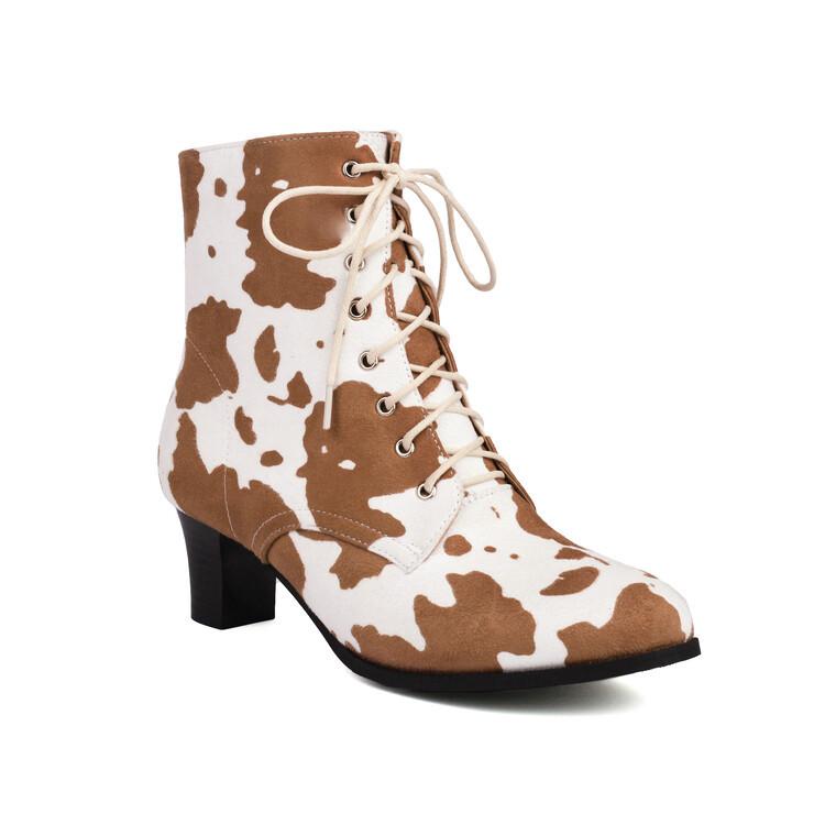 Coarse Heel Short Boots Women's Autumn and Winter New Cow Pattern Retro Front Lace-up High Heel Short Boots Martin Boots and Ankle Boots Large Size