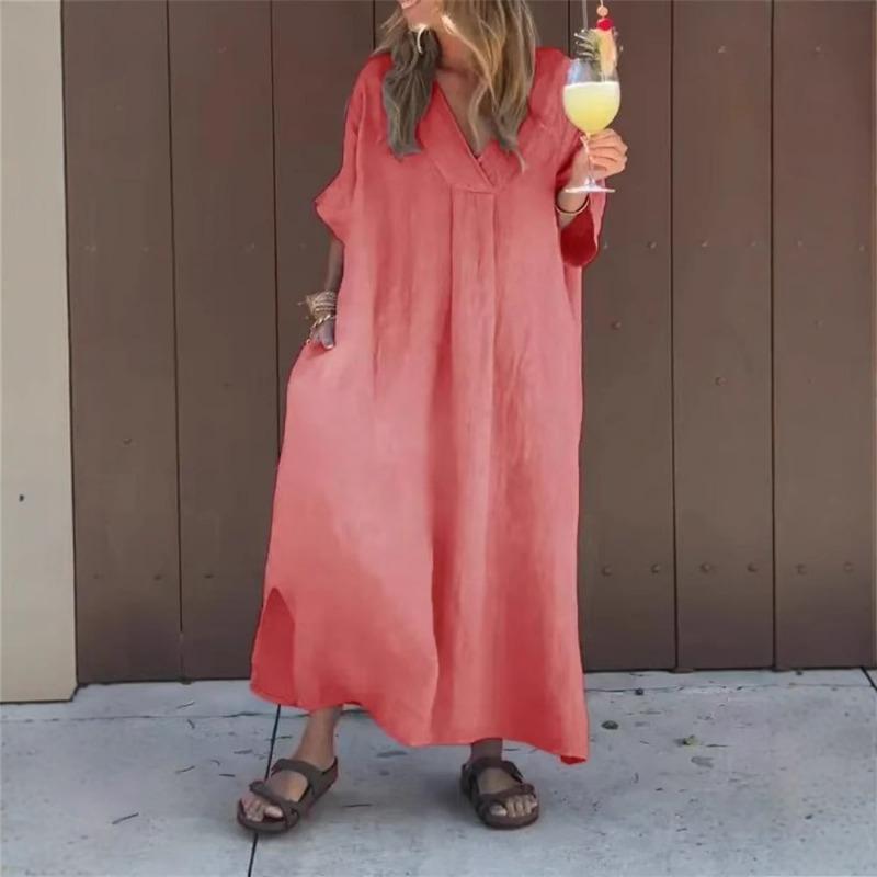 Womens Casual Short Sleeve V Neck Solid Color Long Dress