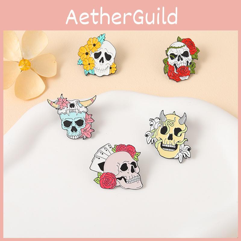 Punk Skull Brooch With Elegant Rose Design In Antique Gold Alloy For Fashionable Unisex Style