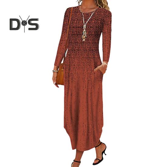 Podzim Jaro Dámské šaty O-výstřih s kapsami Dlouhý rukáv A-linie Tisk Volné Nepravidelný lem Rande Dojíždění Maxi šaty