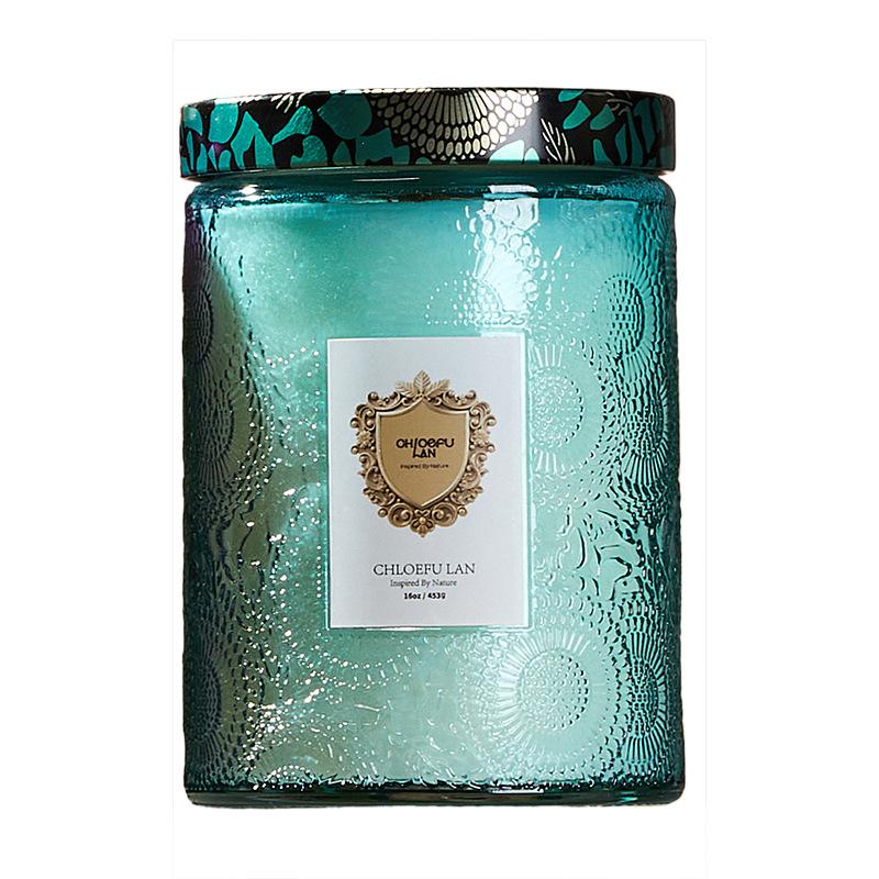 

Retro Embossed Glass Cup Aromatherapy Candle with Lid - Light Luxury Bedroom Decoration & Scented Wedding Party Favor.