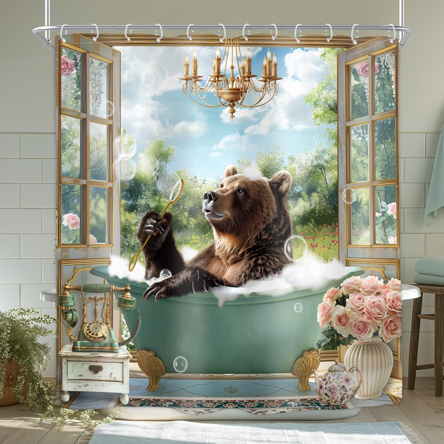 

Funny Rubber Duck Shower Curtain Cute Yellow Pink Kids Animal in Bathtub Lovely Green Plants Botanical Brush for Teens Boys 90x180CM