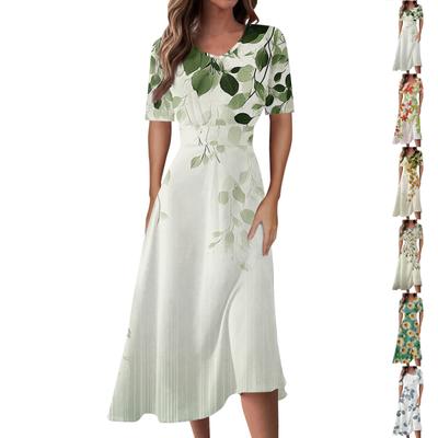 Dámska móda pre voľný čas kvetinová (List)  Potlač Šaty s výstrihom do V a krátkym rukávom v páse