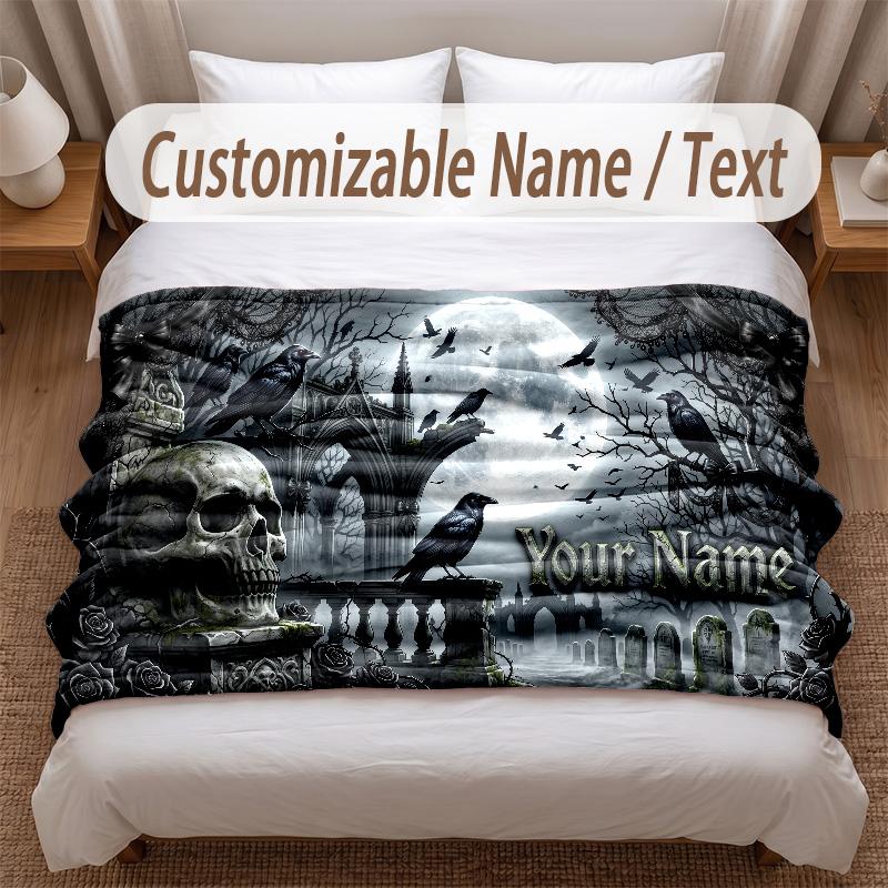Skull Gothic Theme Soft Blanket Personalized Custom Name Text Print Warm Blanket Home Sofa Bedroom Decor