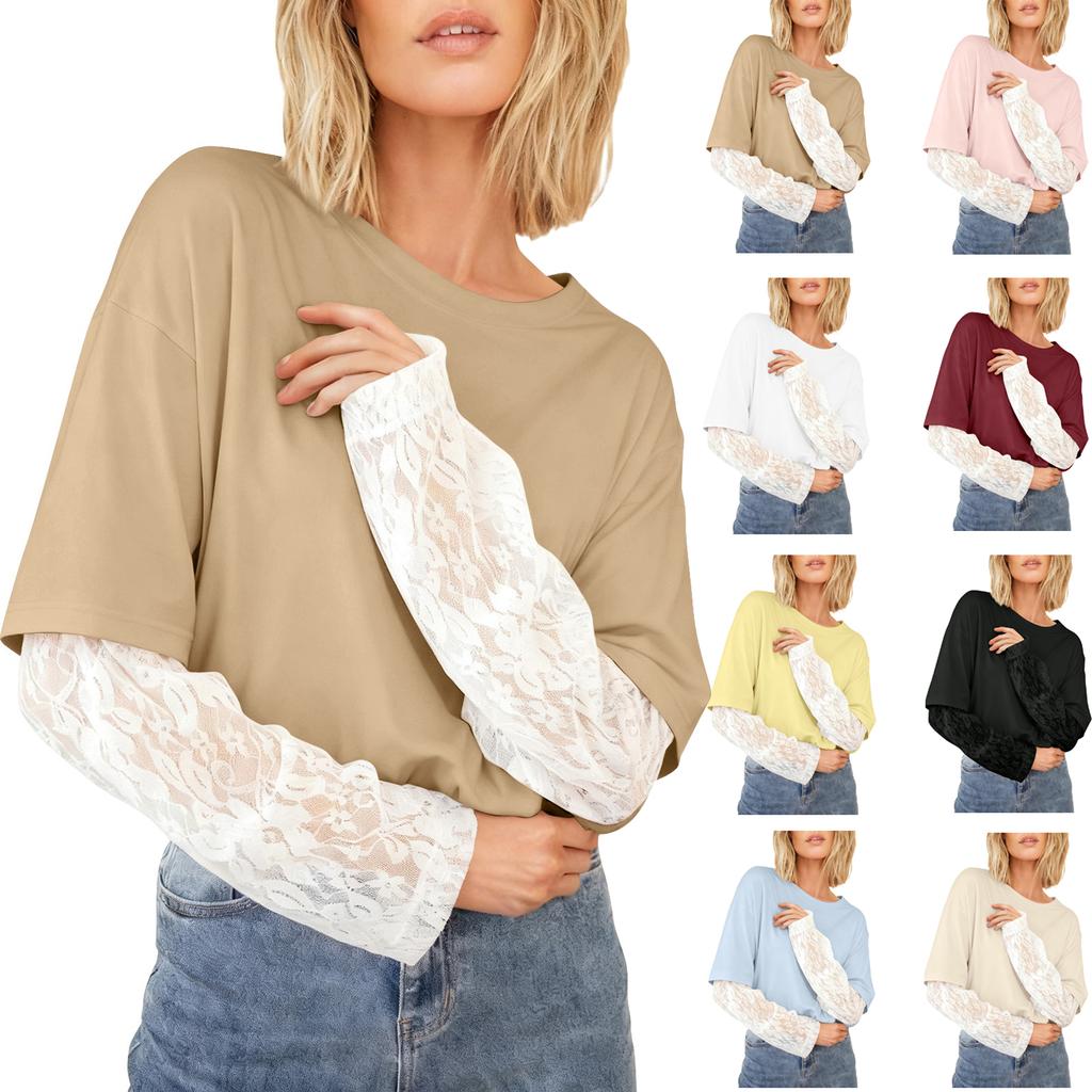 Women's Long Sleeve Lace Patchwork Neck Top Casual T-Shirt