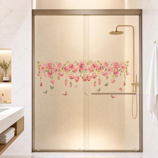 Rose Design Window Sticker, Electrostatic Adhesion No Glue Residue Waterproof Glass Decal for Living Room Bedroom Entrance Hall Home Decor