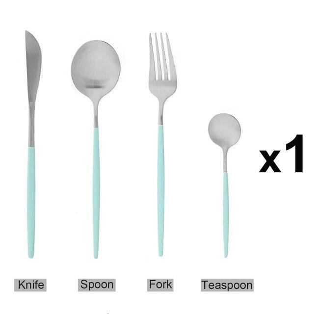 

4 шт., набор столовых приборов из нержавеющей стали, зеленое золото, матовый набор столовых приборов, столовые приборы для салата, вилка, ложка, нож, десертный ужин, набор столовых приборов 4x1 серебряный/мятный