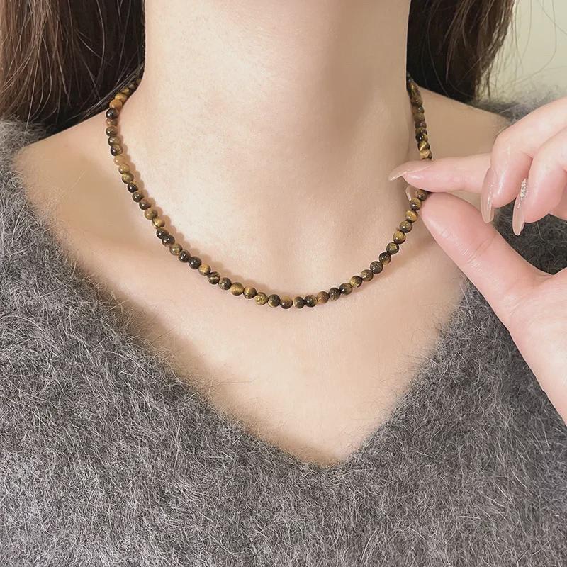 Tiger Eye Stone Beaded Necklace for Women - Light Luxury, Unique, Stackable Clavicle Chain for Autumn and Winter Fashion