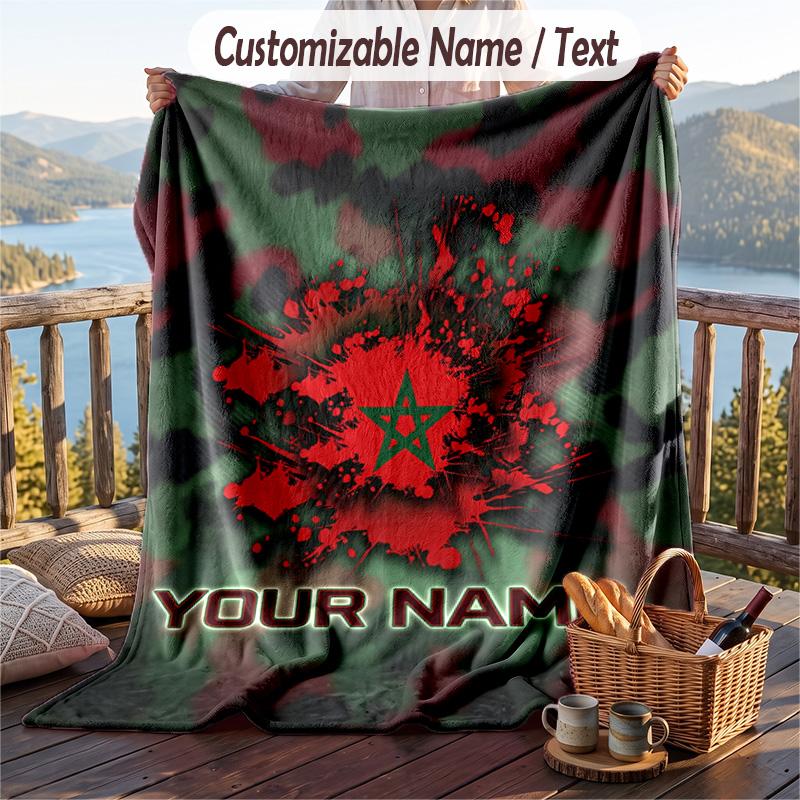 Flannel Blanket Morocco Football Print Custom Name Text Soft Throw for Sofa Bed