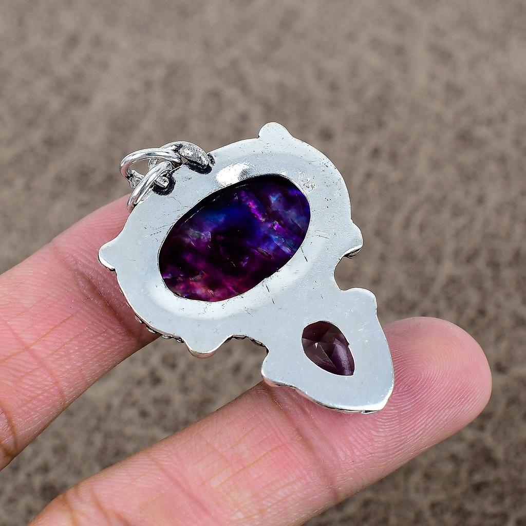 Ammolite, Amethyst Gemstone 925 Sterling Silver Jewelry Pendant 1.97" KKG-334