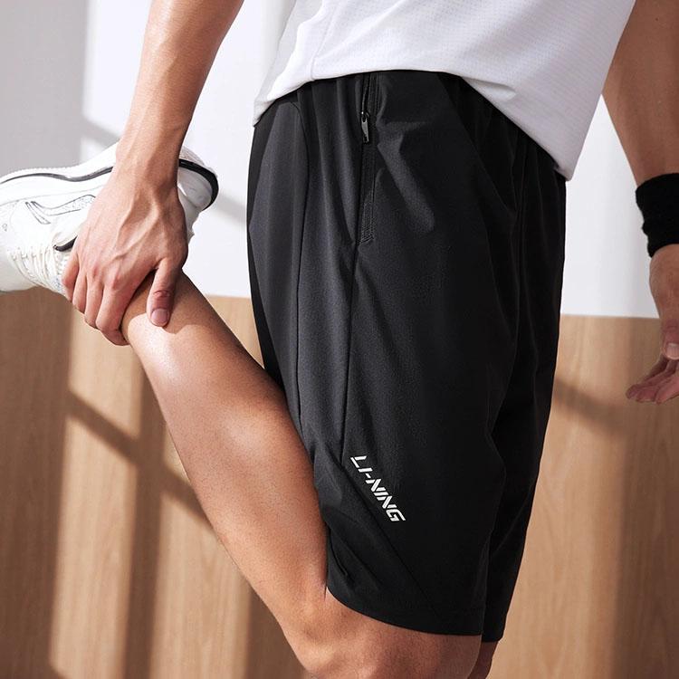 Li Ning Fitness Series Color Block Letter Print Straight Leg Sports Shorts Men shorts Black AKST605-5