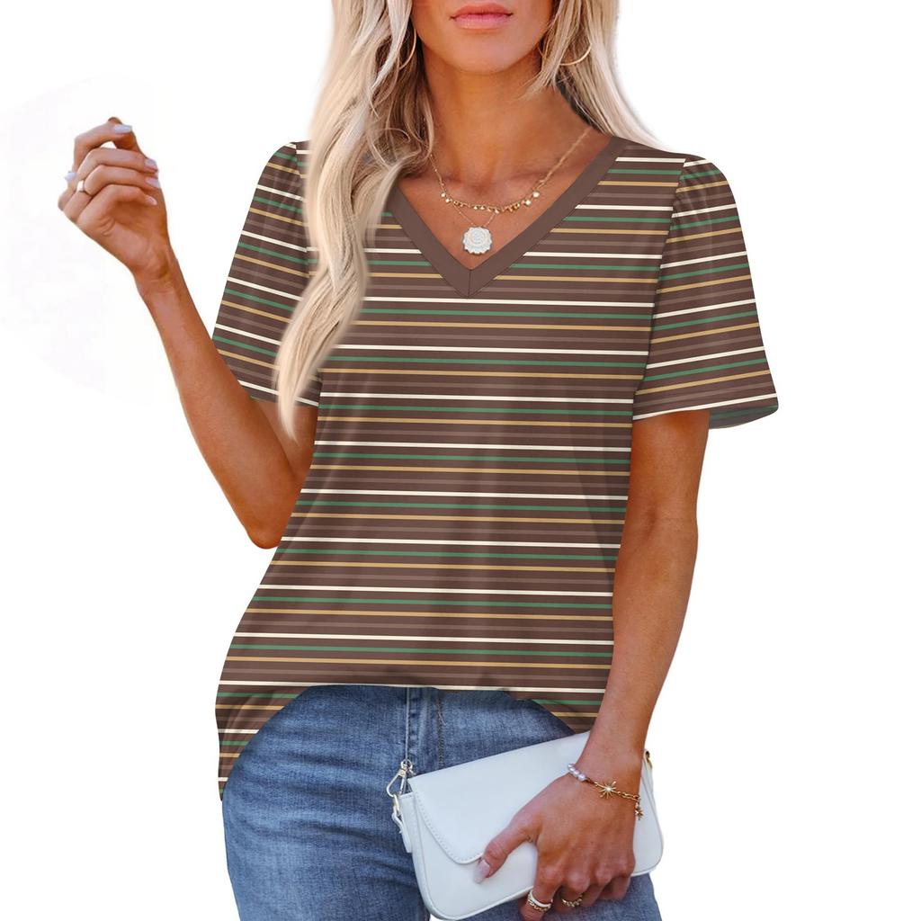 Women's Fashionable Casual Short Sleeve Print V-Neck Pullover Top