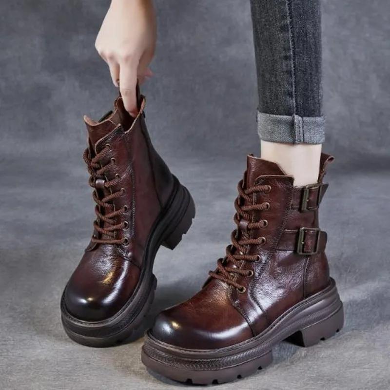 6CM Women Mid Calf Boots 2024 Autumn Winter Quality Genuine Leather Thick High Heel Platform Wide Head Lace-Up Retro Boots