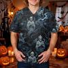 Men's Halloween Print V-Neck Scrub Top with Pocket Short Sleeve Uniform Shirt