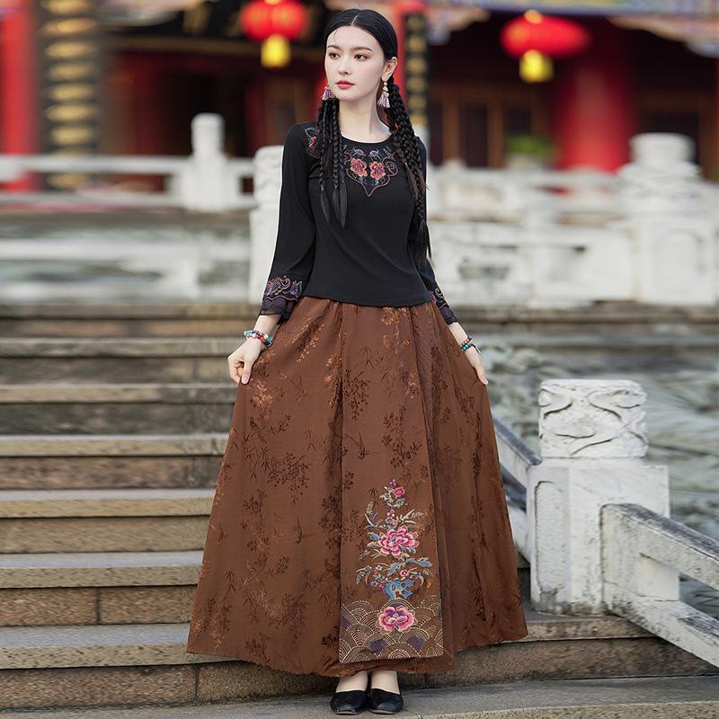 New Ethnic Women's Elastic Waist Retro Embroidery A-Line Skirt