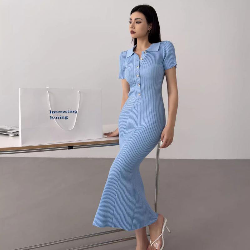 European & American Fishtail Knit Dress: Women's Summer Slim Fit Polo with Short Sleeves and Hip Wrap Skirt