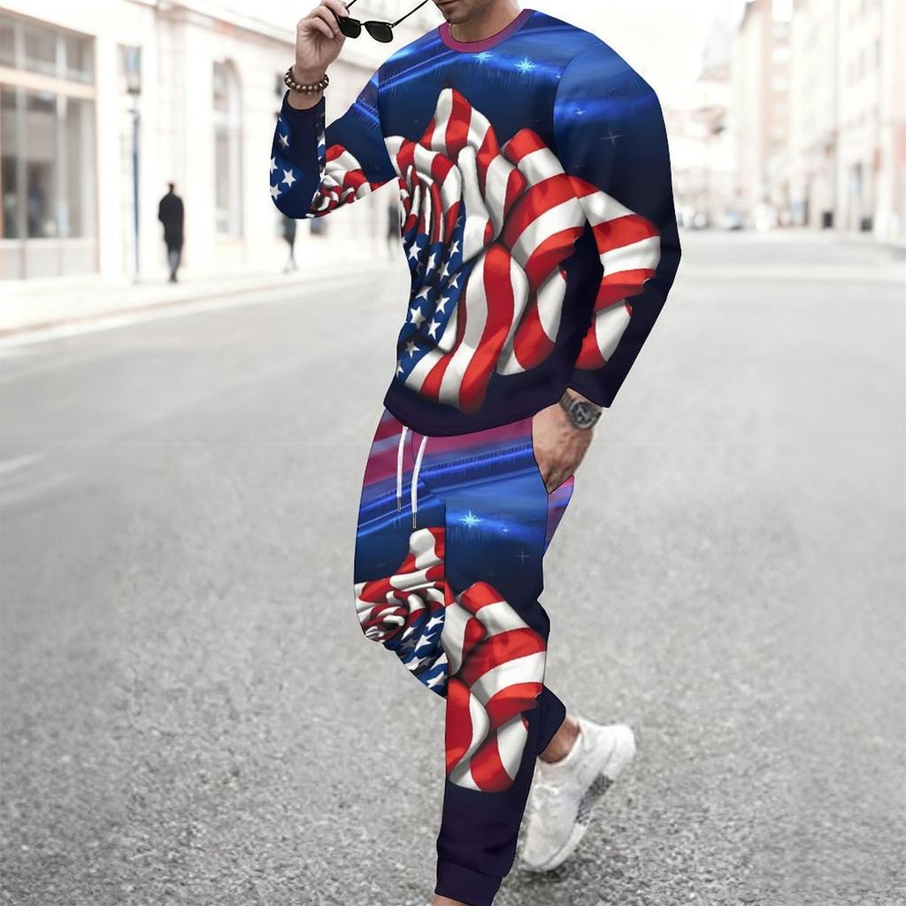Men White All Over Mini American Flag Star Print Long Sleeve Sweatshirt And Drawstring Jogger Pants Two Piece Suit