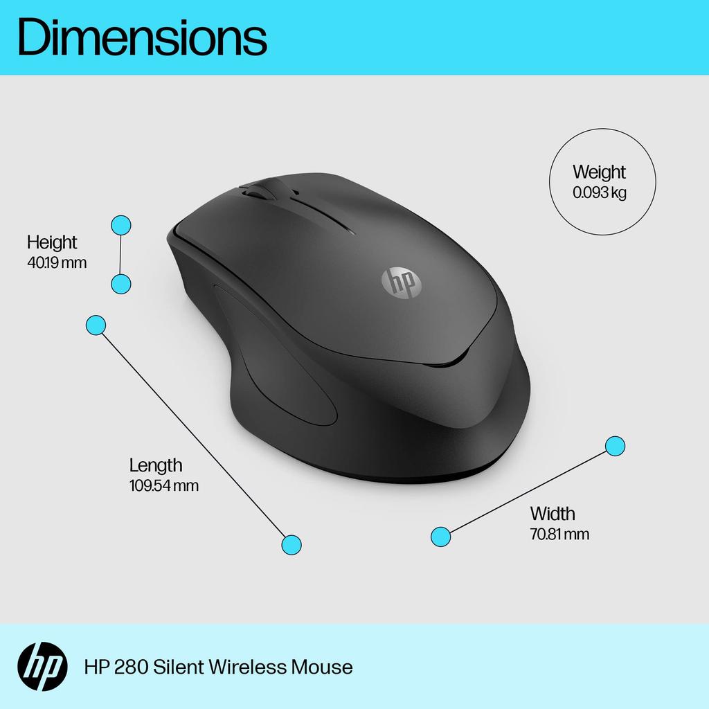 HP 280 Wireless Mouse, Quiet Click, BlueLED, Wireless, 18-Month Life, Ergonomic, Black (Model Number: 19U64AA#UUF), Compatible with Mac, Windows PC,