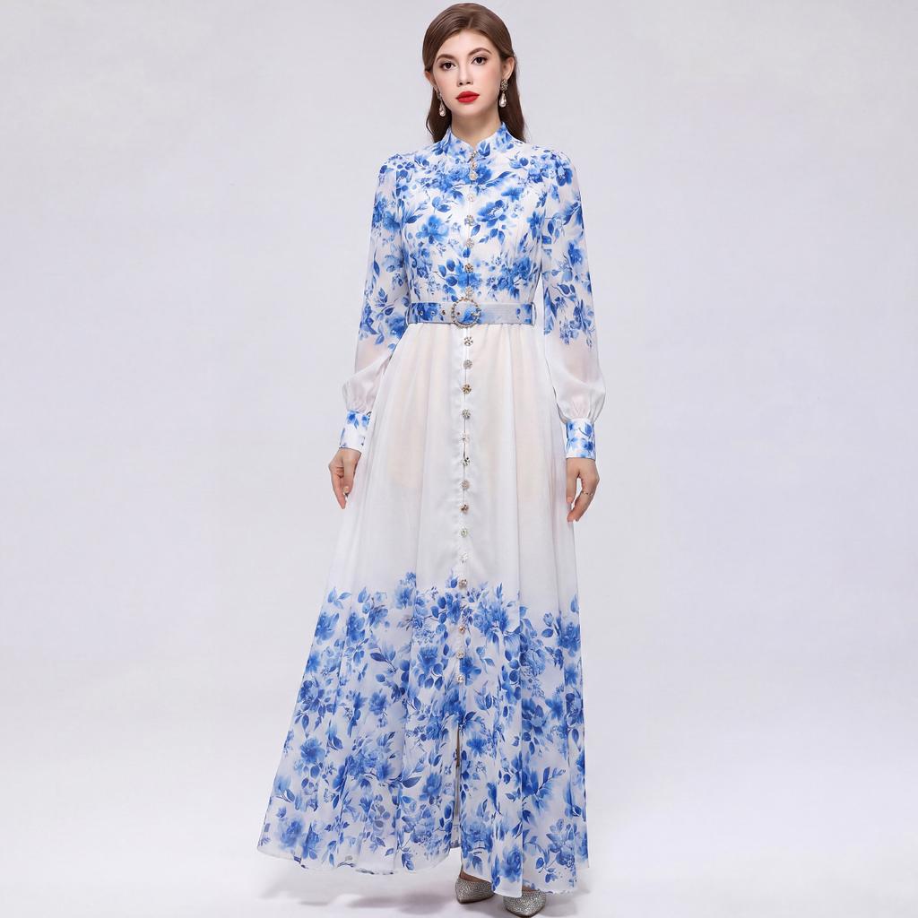 Elegant Gorgeous Flower Women Long Dress with Belt Stand Collar Lantern Sleeve Diamond Buttons 2026 Spring Summer Holiday Robes