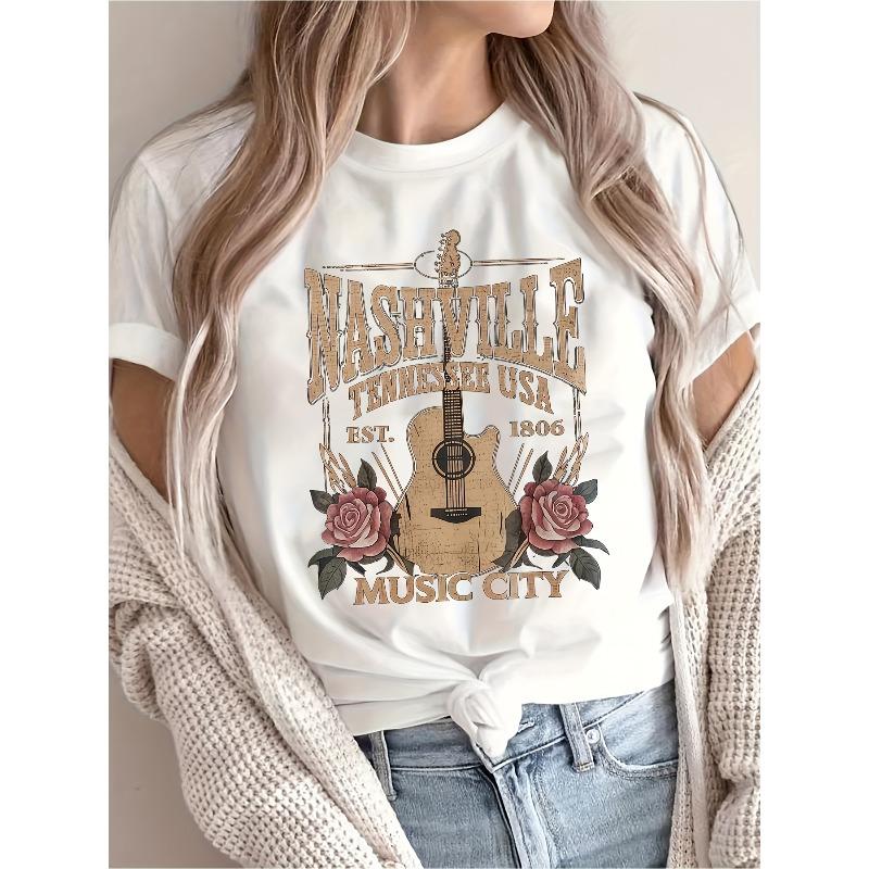 Women Black Guitar Letter Geometric Print T-Shirt Crew Neck Short Sleeve Loose Fit Soft Slight Stretch Pullover Casual Regular Length