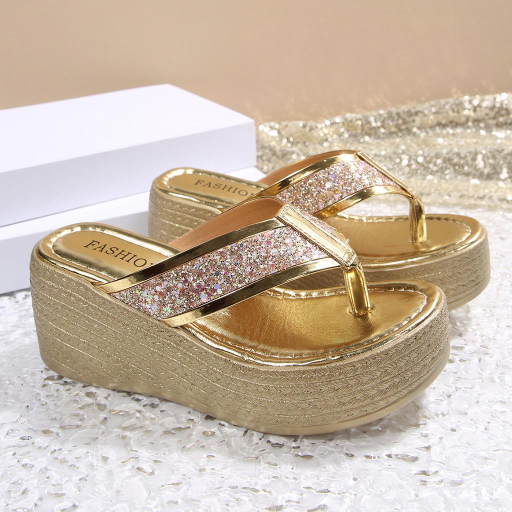 35-43 Plus Size Shoes for Women 2026 Summer Fashion Platform Wedge Comfortable Round Toe Sequin Sandals Women Slippers