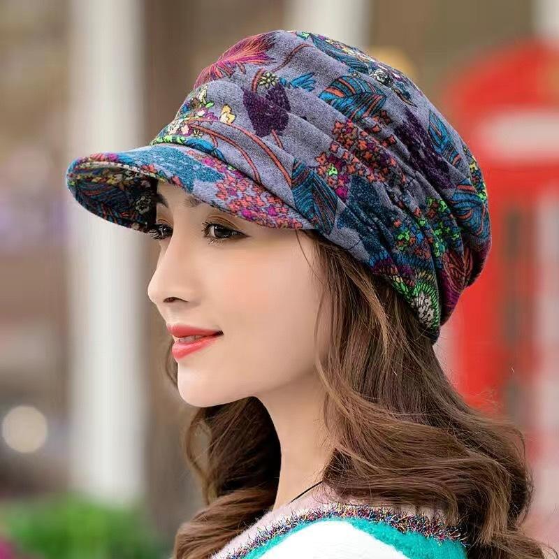 Vintage Flower Print Newsboy Hat Classic Ruched Sun Hats Lightweight Peaked Cap For Women