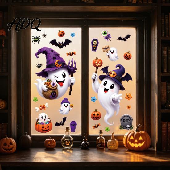 No Glue Window Art Halloween Witch Hat Ghost Clings Spiders Bat Pumpkin Spooky Festive Party Glass Supplies Stickers for Home Holiday Store