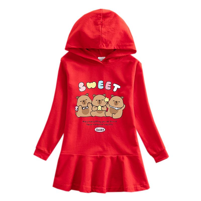 Spring & Autumn Ruffle Cartoon Rainbow Girls' Long Sleeve Hooded Sweatshirt Dress