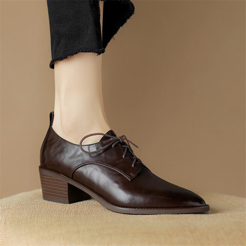 Fashion New Spring Split Leather Women Shoes Pointed Toe Women Pumps Chunky Heels Lace Loafers Shoes for Women French Retro Casual Shoes