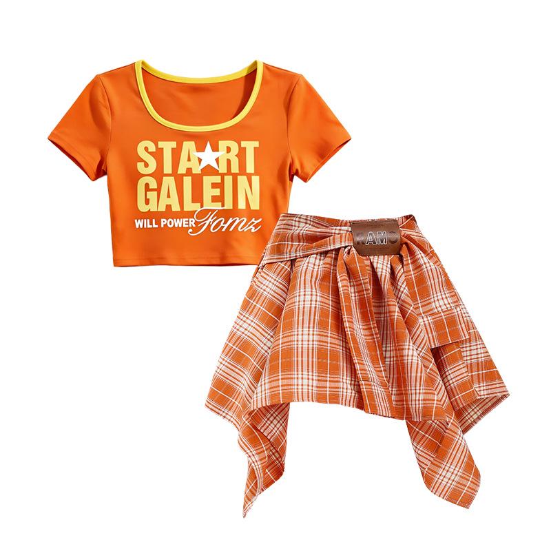 Costum de Dans Jazz Stil Coreean pentru Fete - Set Top Scurt & Fustă în Carouri