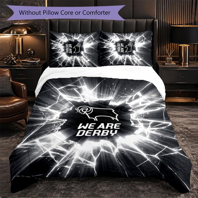 Derby County Football 3-teiliges Bettwäsche-Set Weiches Bettbezug-Set mit Kissenbezügen Bedrucktes Schlafzimmer-Deko-Set für Zuhause