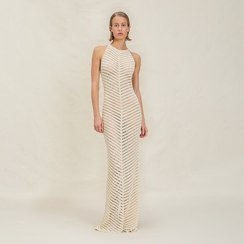 

European American Summer New Knitting Hollow-out Halter Tight Braces Long Dress Women White L